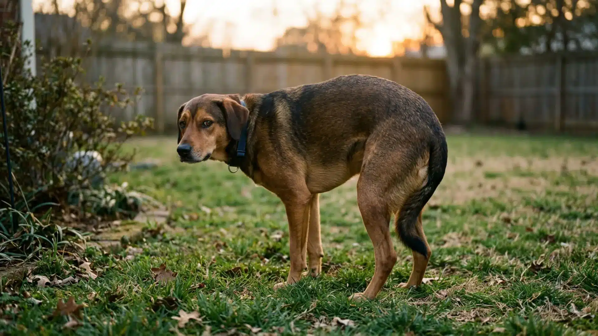 Dog straining uncomfortably in the backyard, a common sign of bladder stones