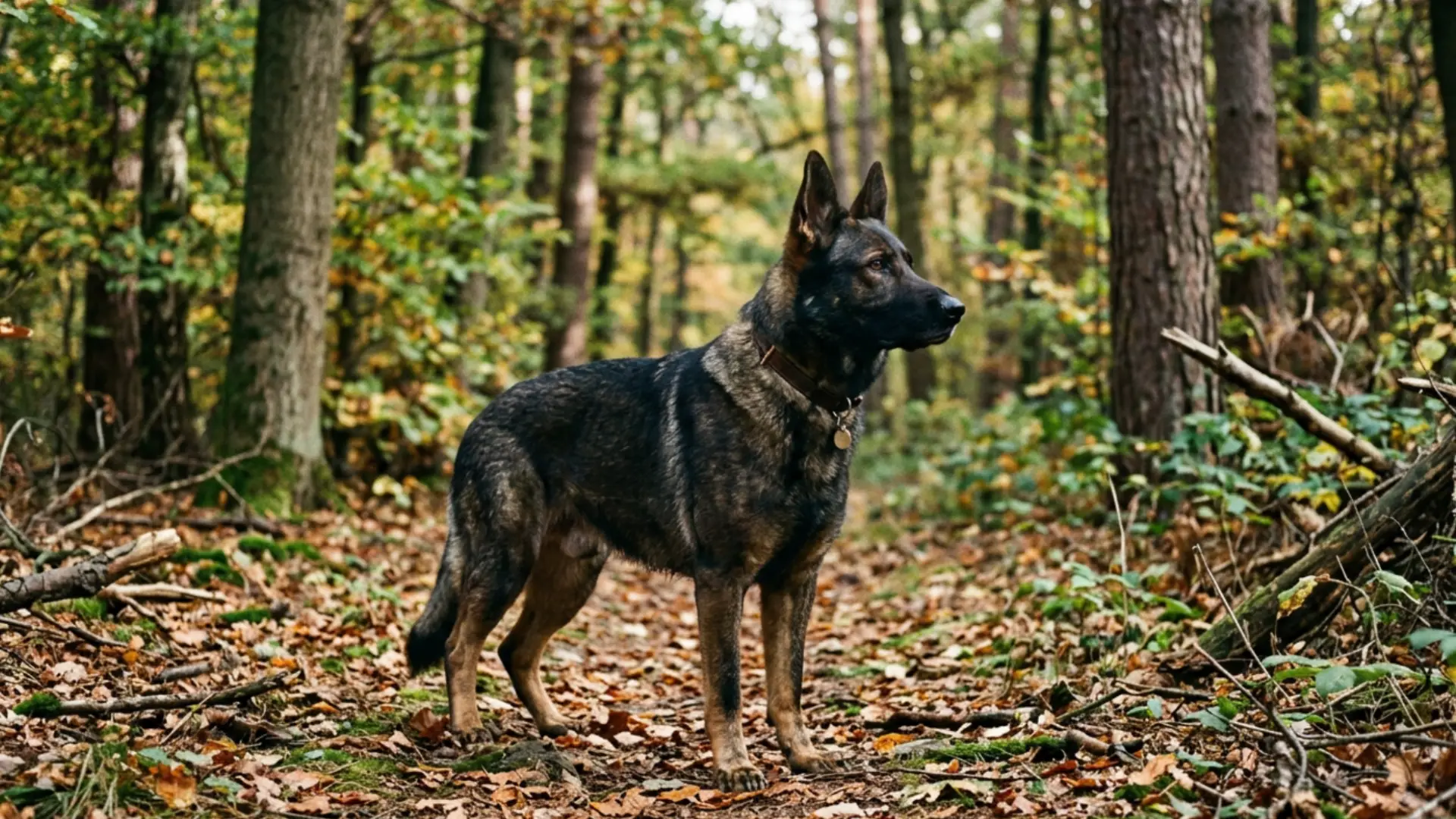 East German DDR German Shepherd standing alert on a forest path with trees and fallen leaves around it