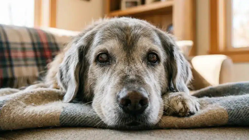 Elderly dog resting peacefully on a soft blanket at home