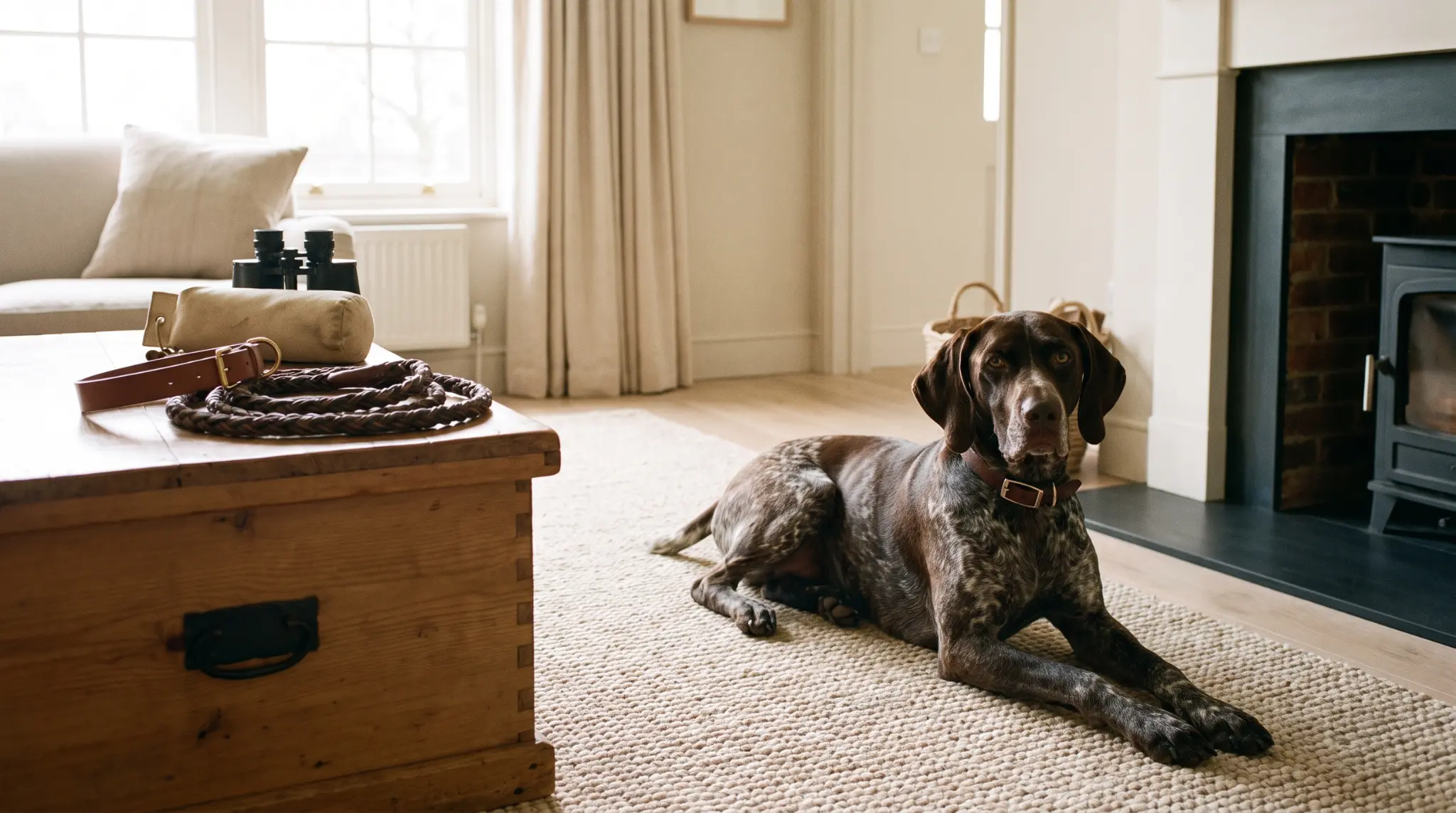 family dog resting at home beside hunting gear, showing popular hunting dog names for daily life