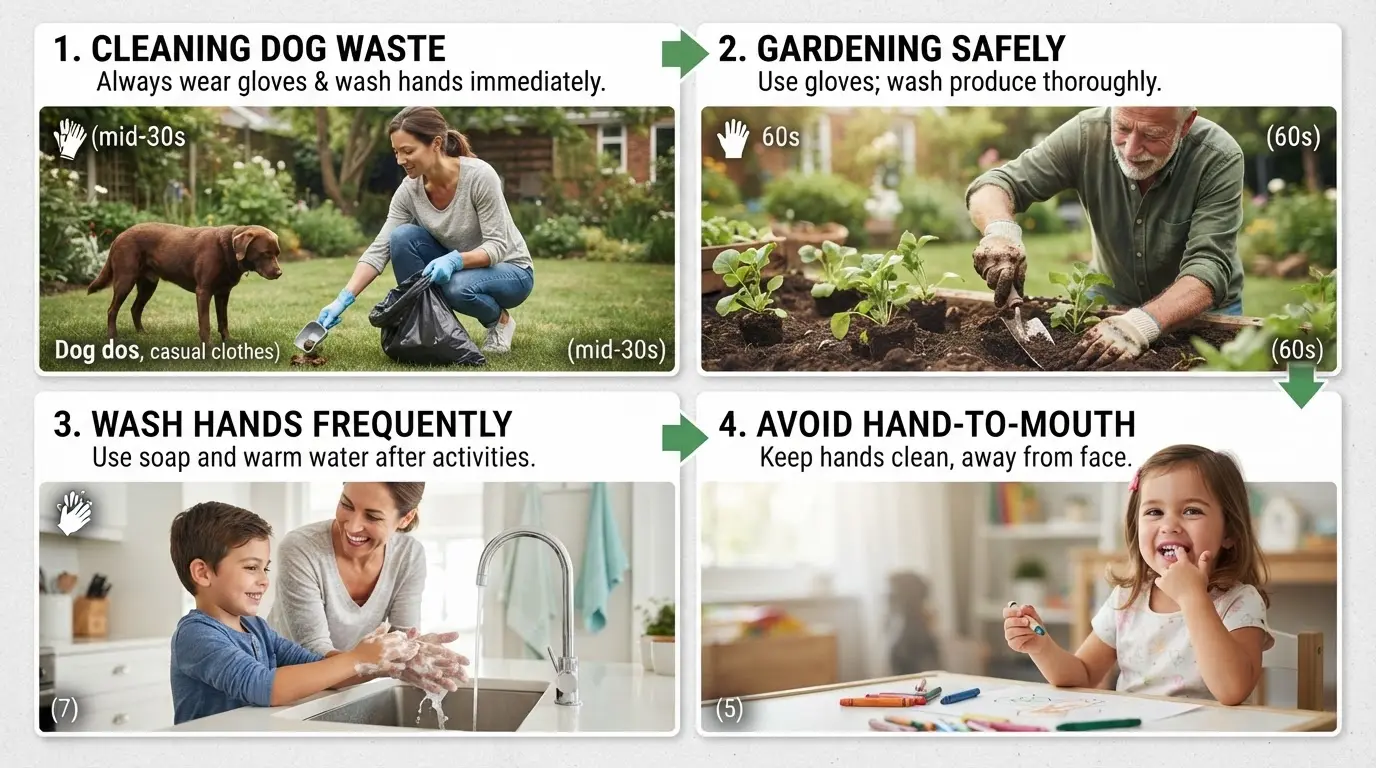 family practicing safe hygiene while cleaning dog waste gardening and washing hands to reduce parasite exposure
