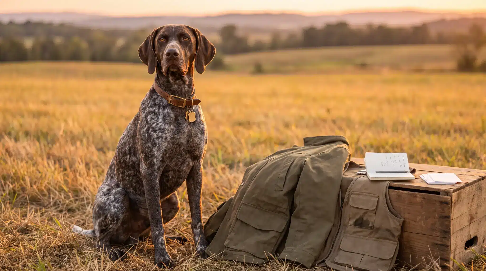featured image of a hunting dog in open field with collar and tags, for hunting dog names ideas