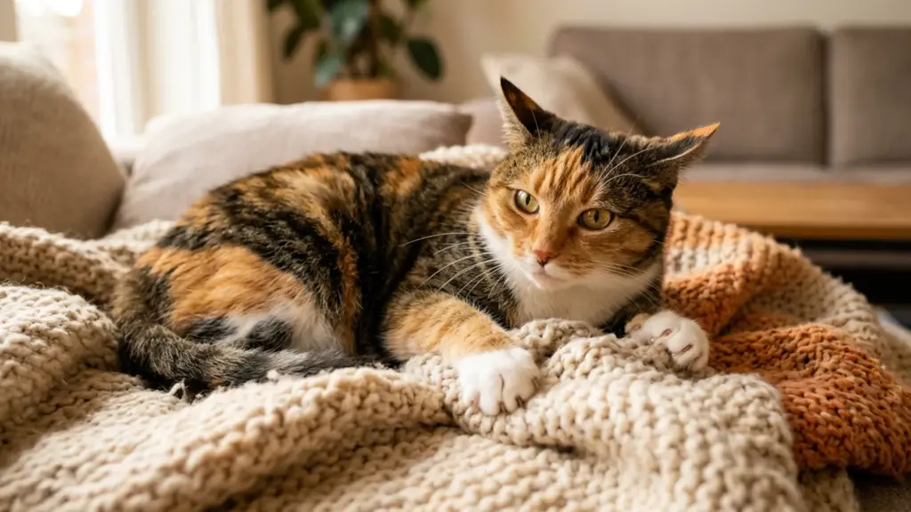 Female cat looking restless on a blanket, a common sign a cat is in heat