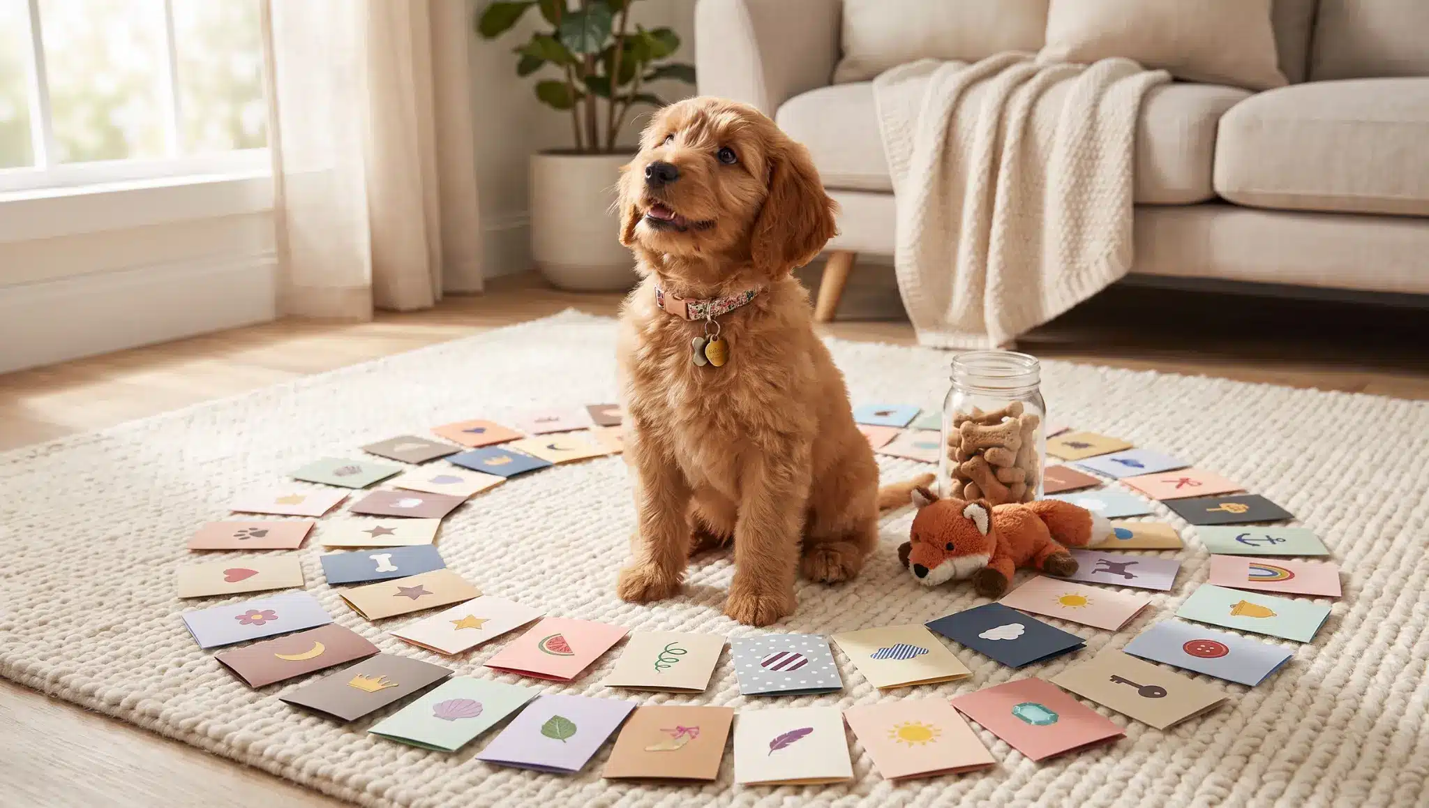 female dog near blank cards and tags for sorting girl dog names by first letter