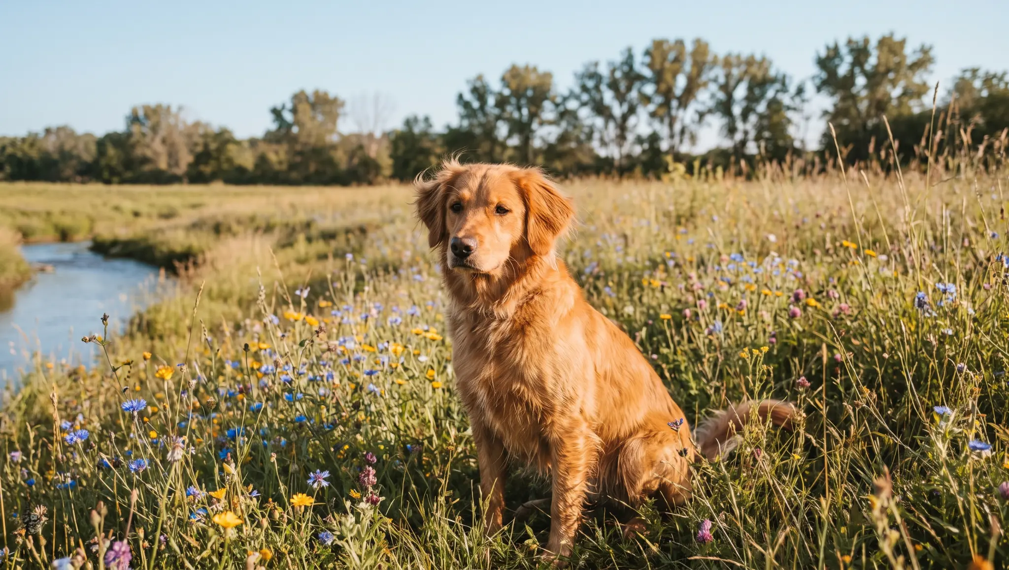 female dog sitting in a meadow with flowers for nature inspired girl dog names