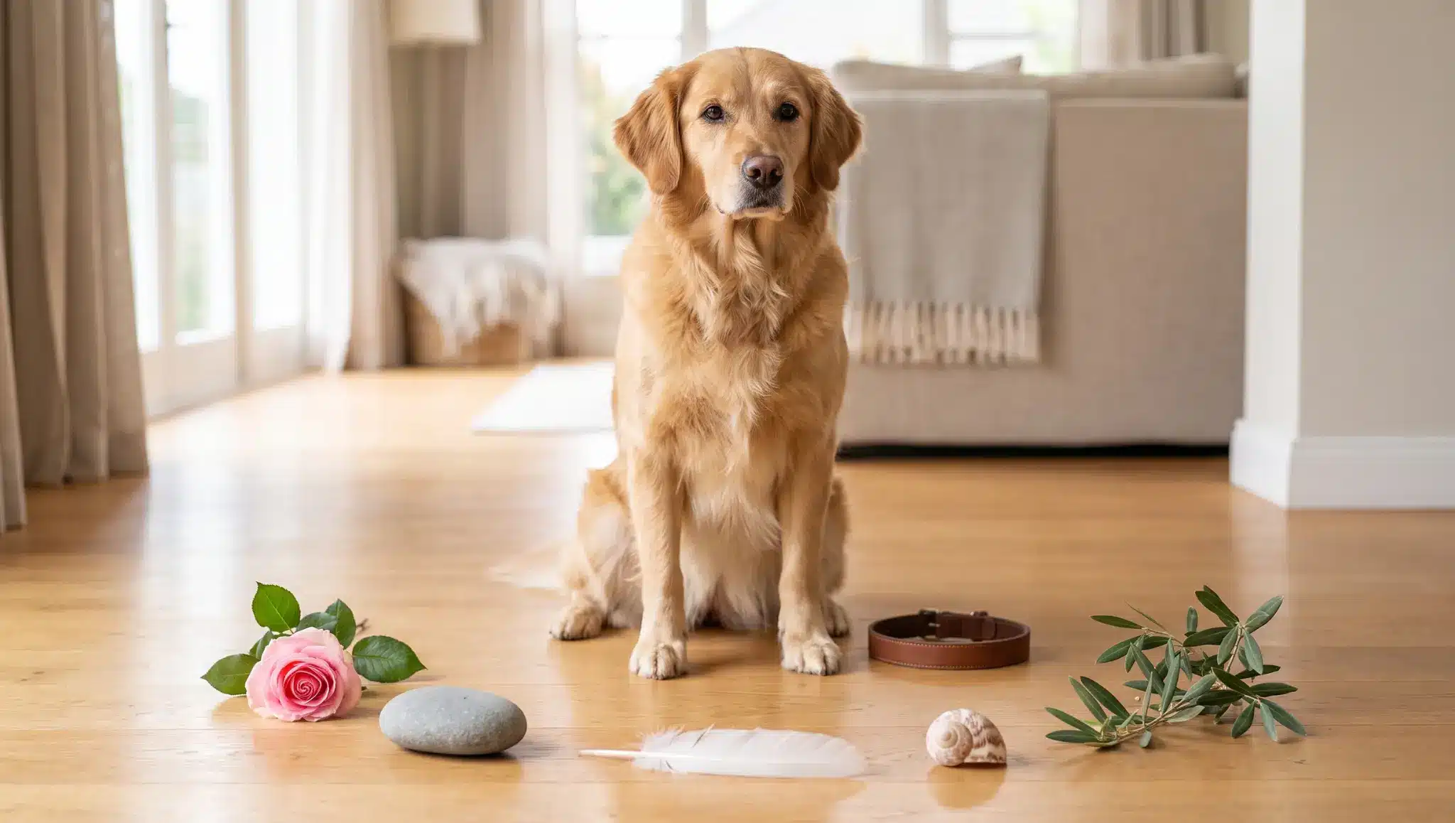female dog with symbolic objects and a blank tag for meaningful girl dog names