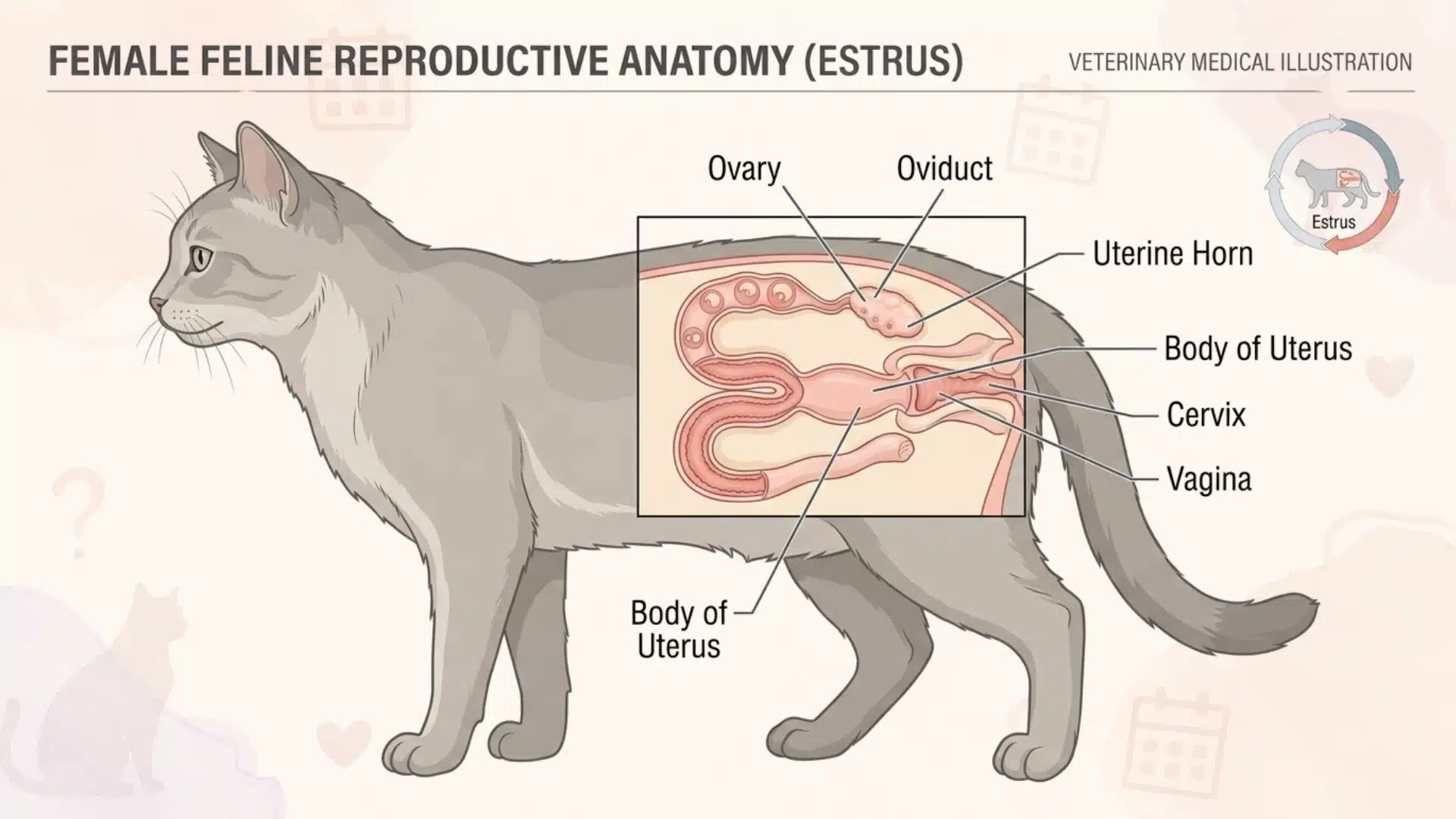 Female feline reproductive anatomy diagram showing ovaries, uterus, cervix, vagina, and estrus reproductive cycle