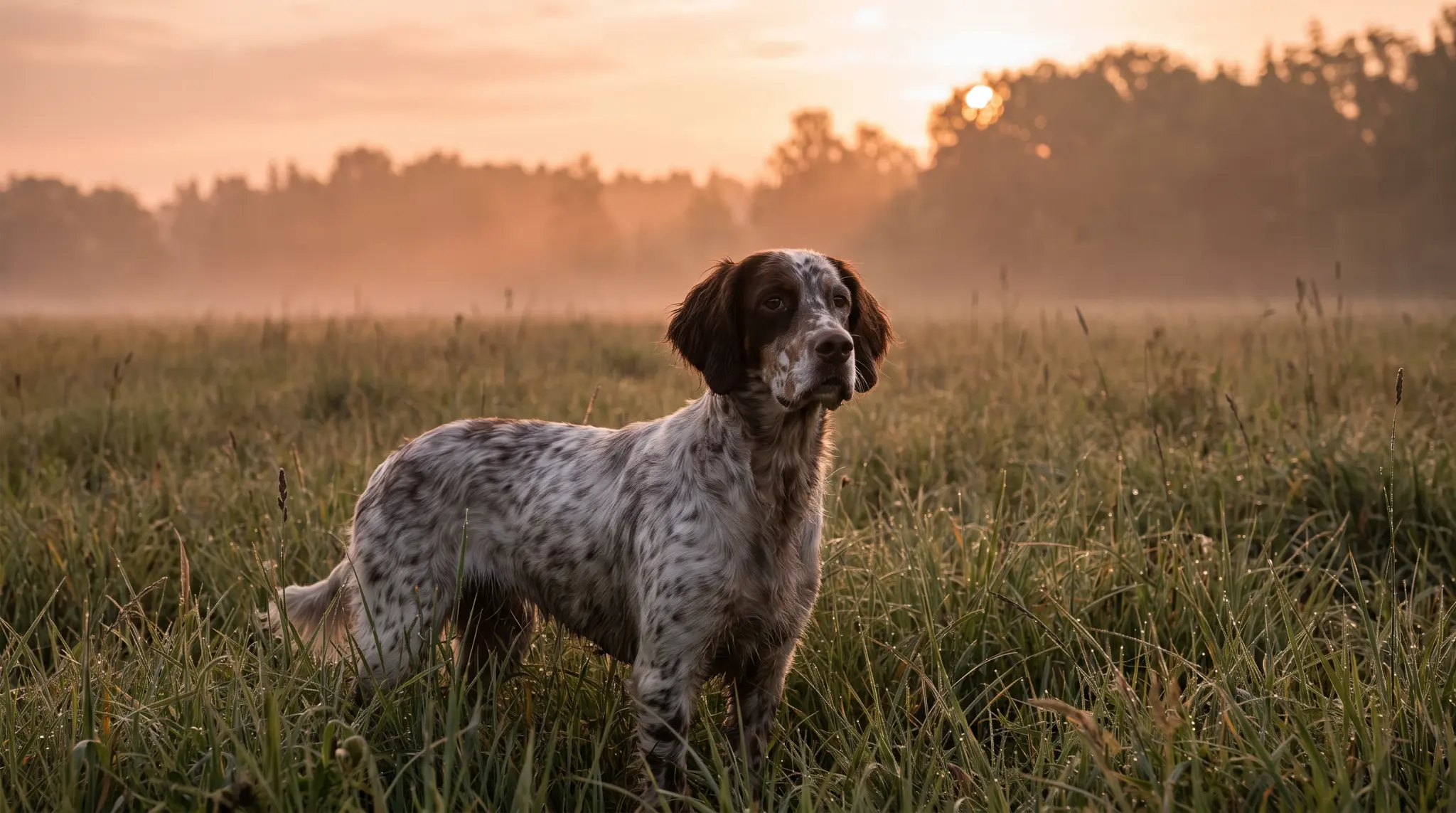 female hunting dog standing in grass at sunrise, for female hunting dog names inspiration