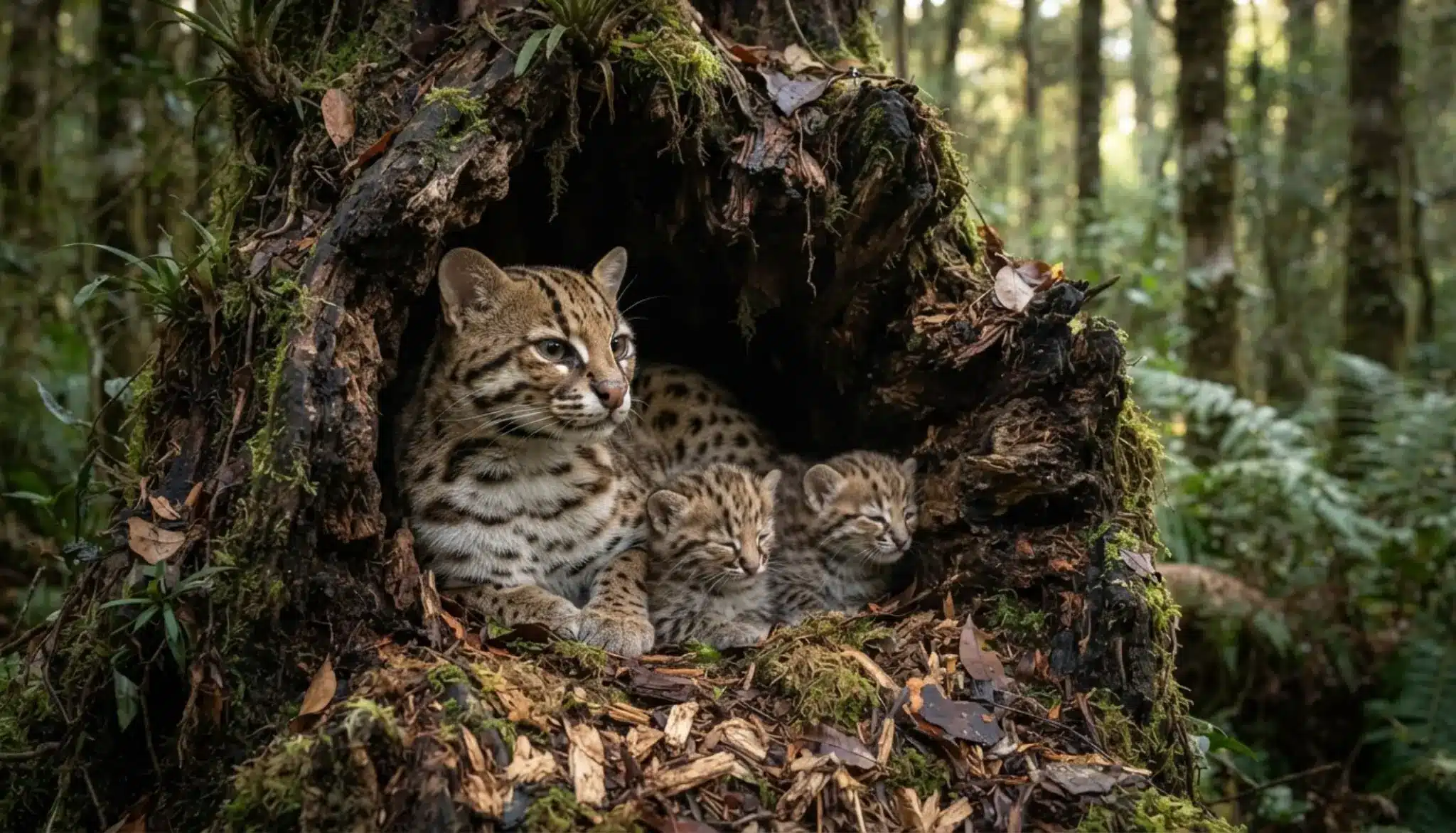 female leopard cat resting beside two young kittens inside a sheltered hollow tree den in dense forest