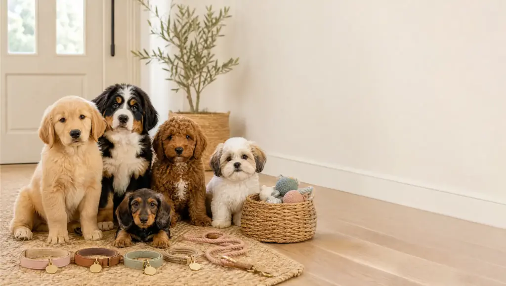 female puppies with collars and blank tags for unique girl dog names in a bright home setting