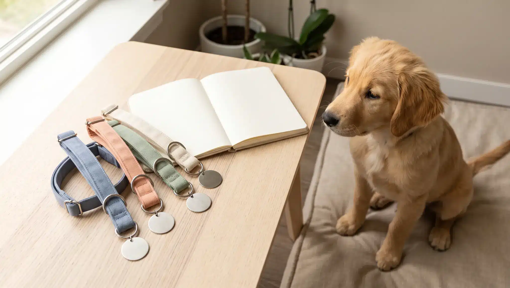 female puppy beside collars and blank tags for choosing favorite girl dog names