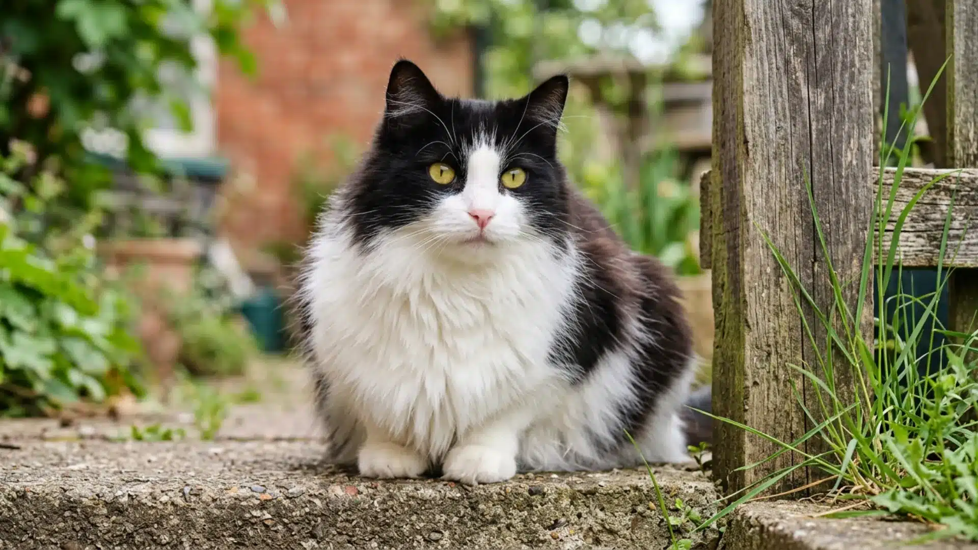 Fluffy black and white cat sitting on a garden path.