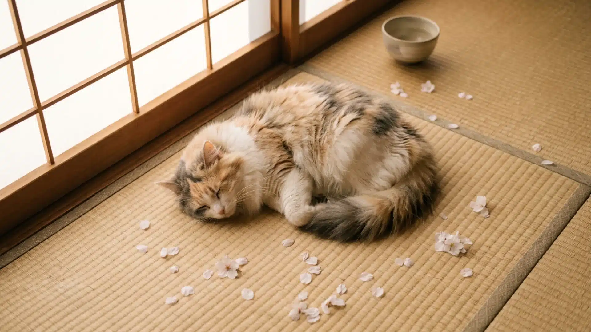 Fluffy cat resting on a tatami mat with cherry blossom petals, representing Japanese cat names