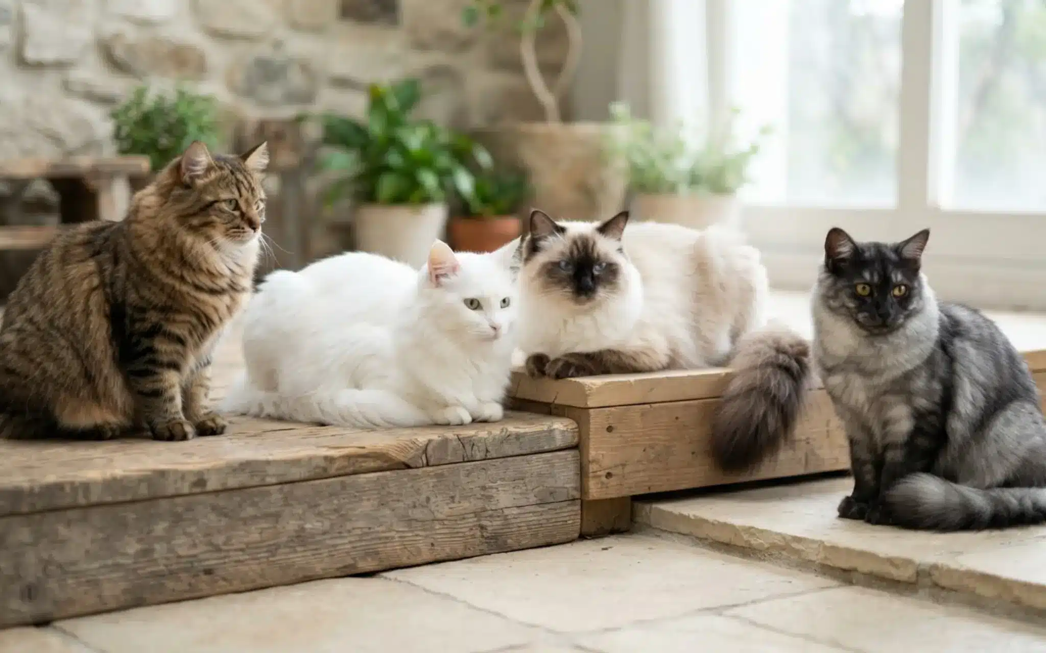 four siberian cats showing tabby silver white and pointed coat colors and patterns
