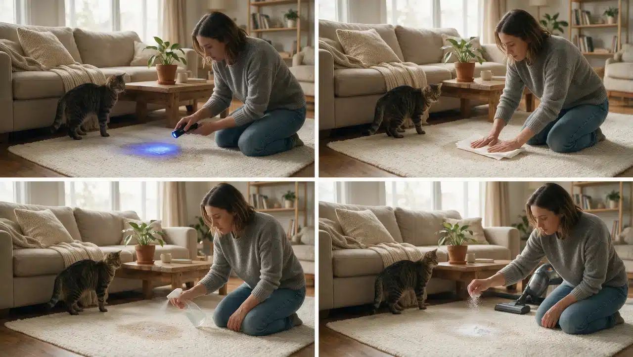 four step cat urine carpet cleaning process showing uv light blotting spray cleaner and baking soda use