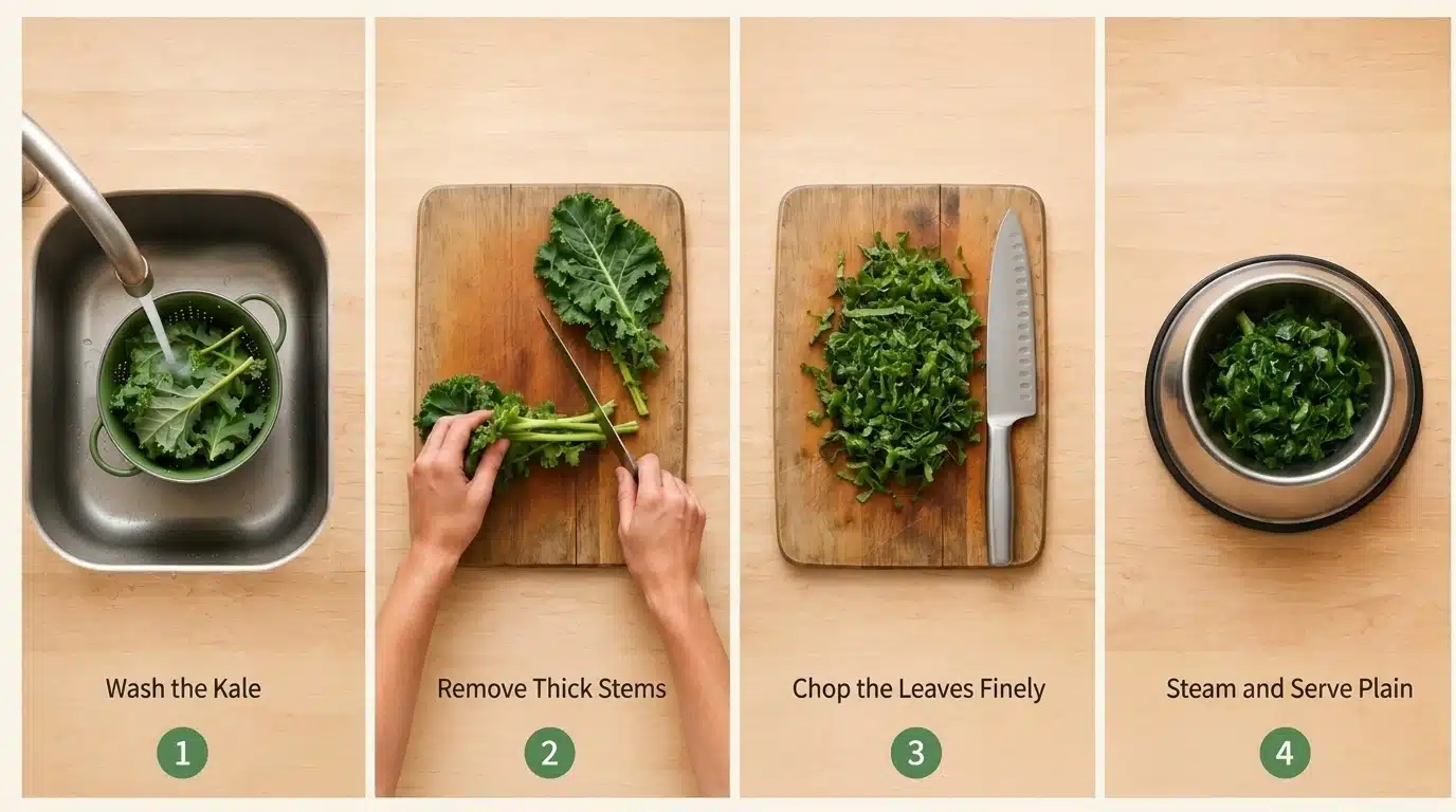 four step kale preparation infographic showing washing removing stems chopping leaves and steaming kale for dogs