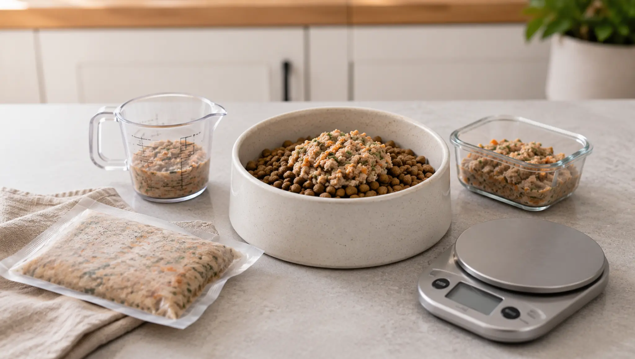 fresh dog food topper over kibble with measuring cup showing a lower cost way to feed dogs