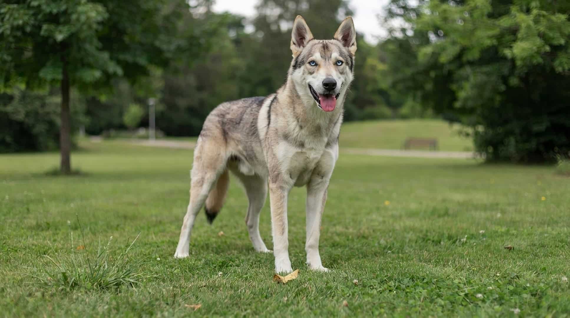 full grown pitbull husky mix standing outdoors showing mixed breed appearance