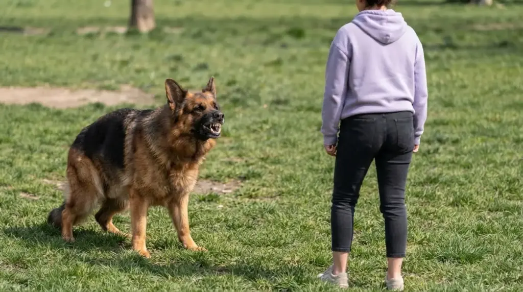 german shepherd growling at person while showing warning body language in outdoor park setting with space between them