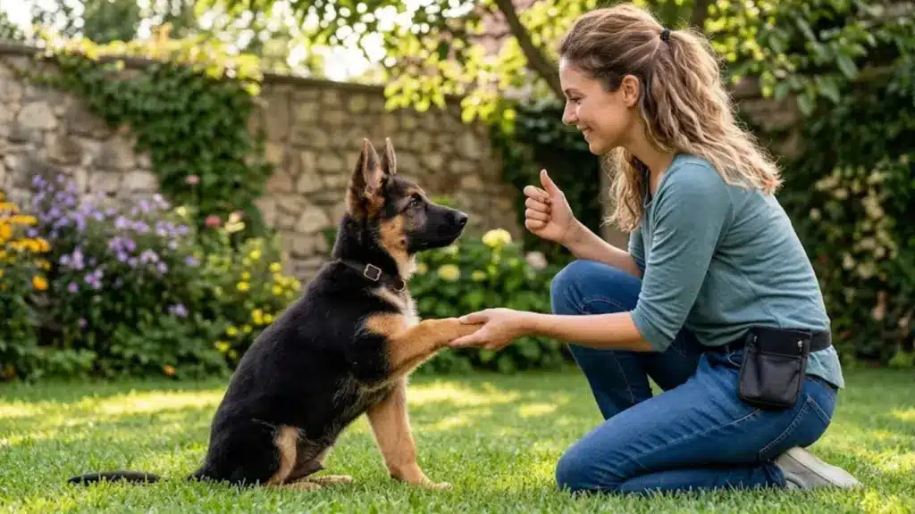 German Shepherd puppy learning paw command with a trainer in a sunny garden setting