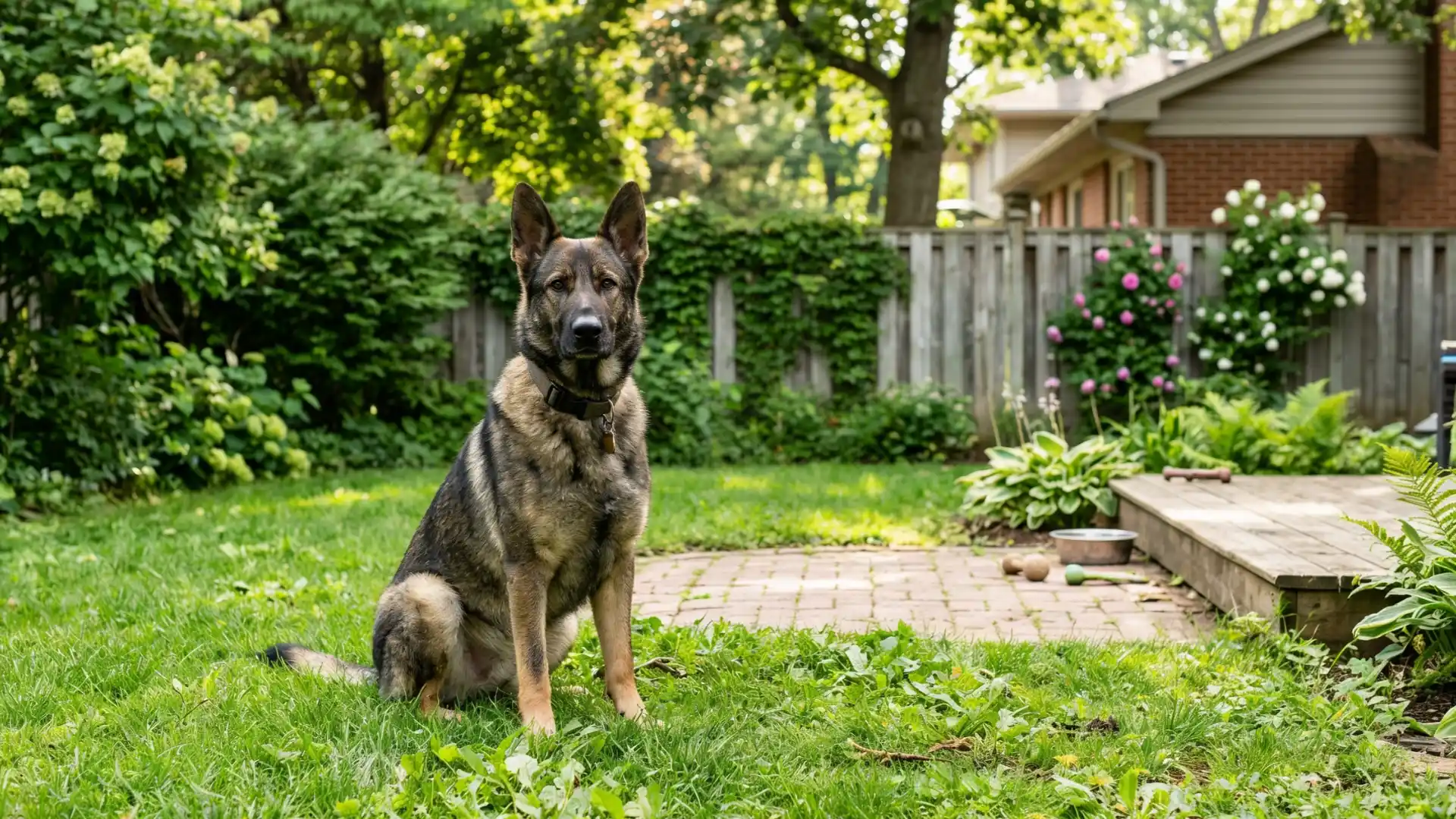 German Shepherd sitting in a green backyard garden