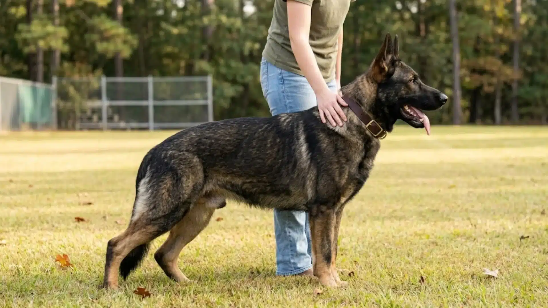 German Shepherd standing on grass while a handler steadies it during outdoor training in a park