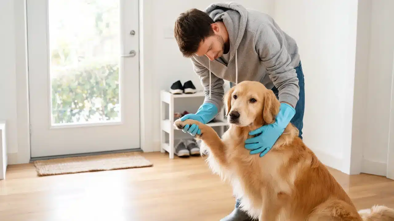 gloved hands checking a dog after possible poison ivy exposure outdoors