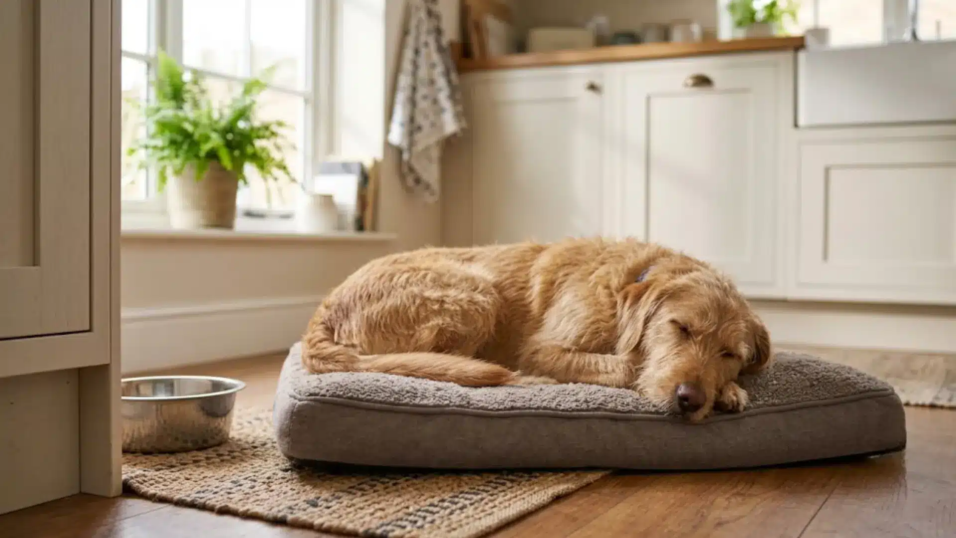Golden dog sleeping on soft cushion in kitchen beside metal water bowl and cabinets