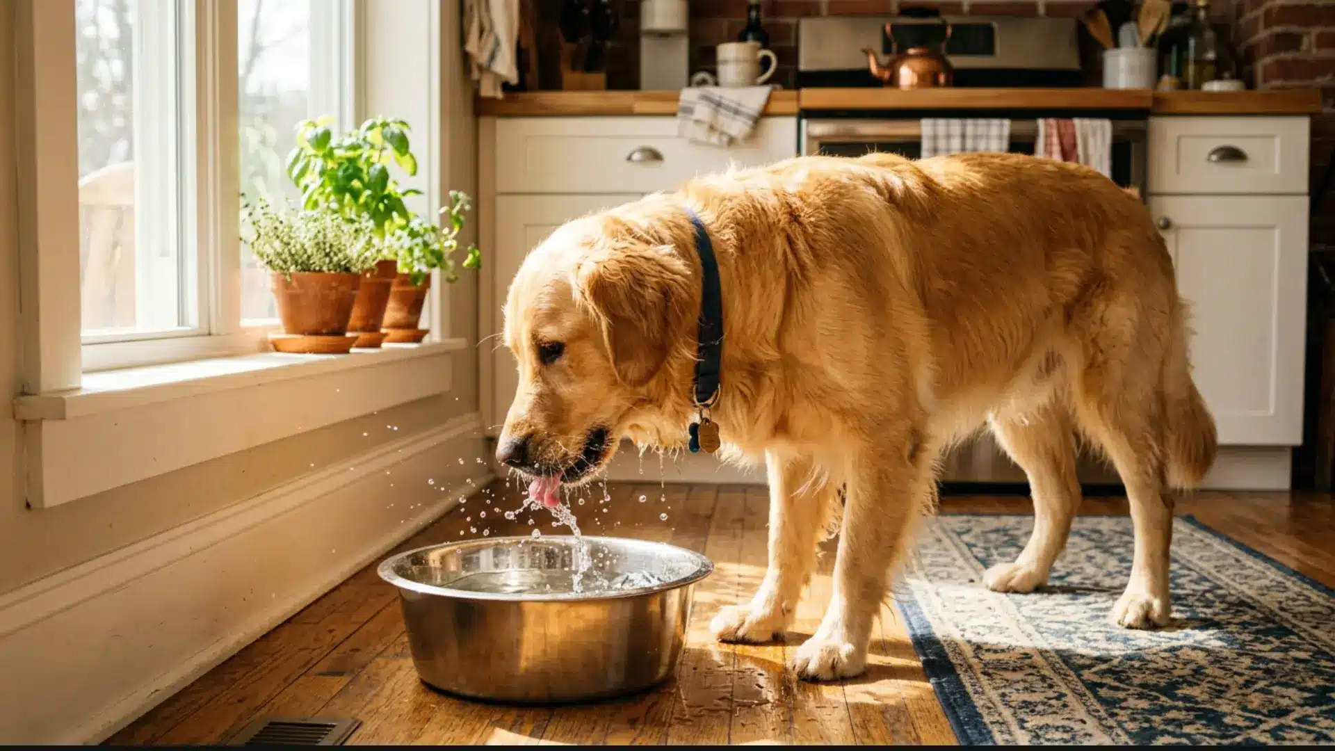 Golden Retriever drinking water from a metal bowl in a sunny kitchen with natural light streaming through a window