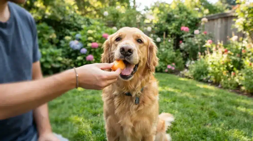 golden retriever eating a fresh melon piece from a person’s hand in a garden setting