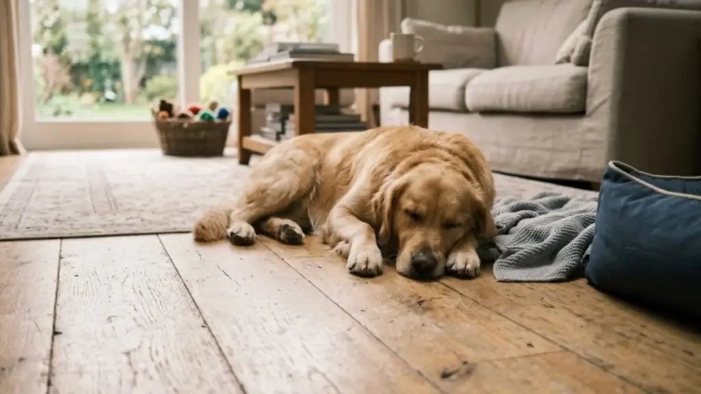 Golden retriever resting on wooden floor in a cozy living room