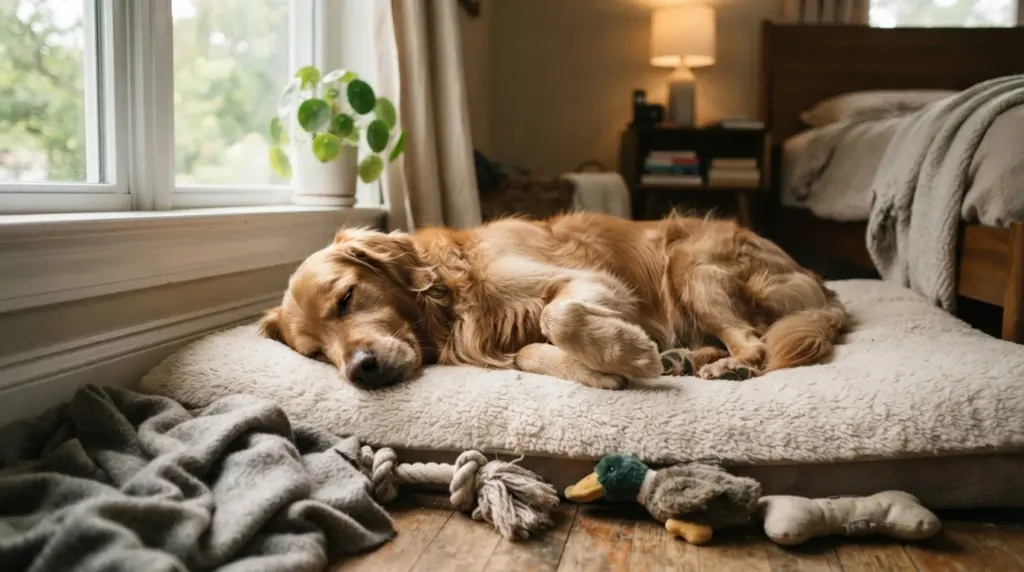 golden retriever sleeping on a dog bed with a slight paw twitch during a dream