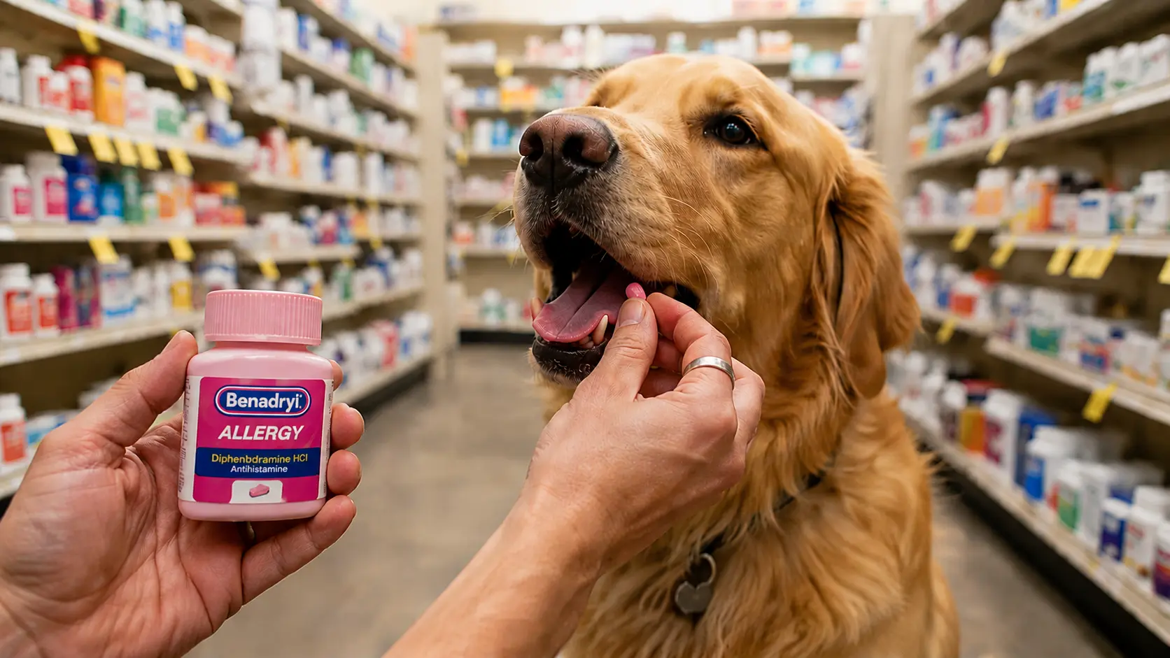 golden retriever taking benadryl tablet while owner holds allergy medicine inside a pharmacy aisle (1)