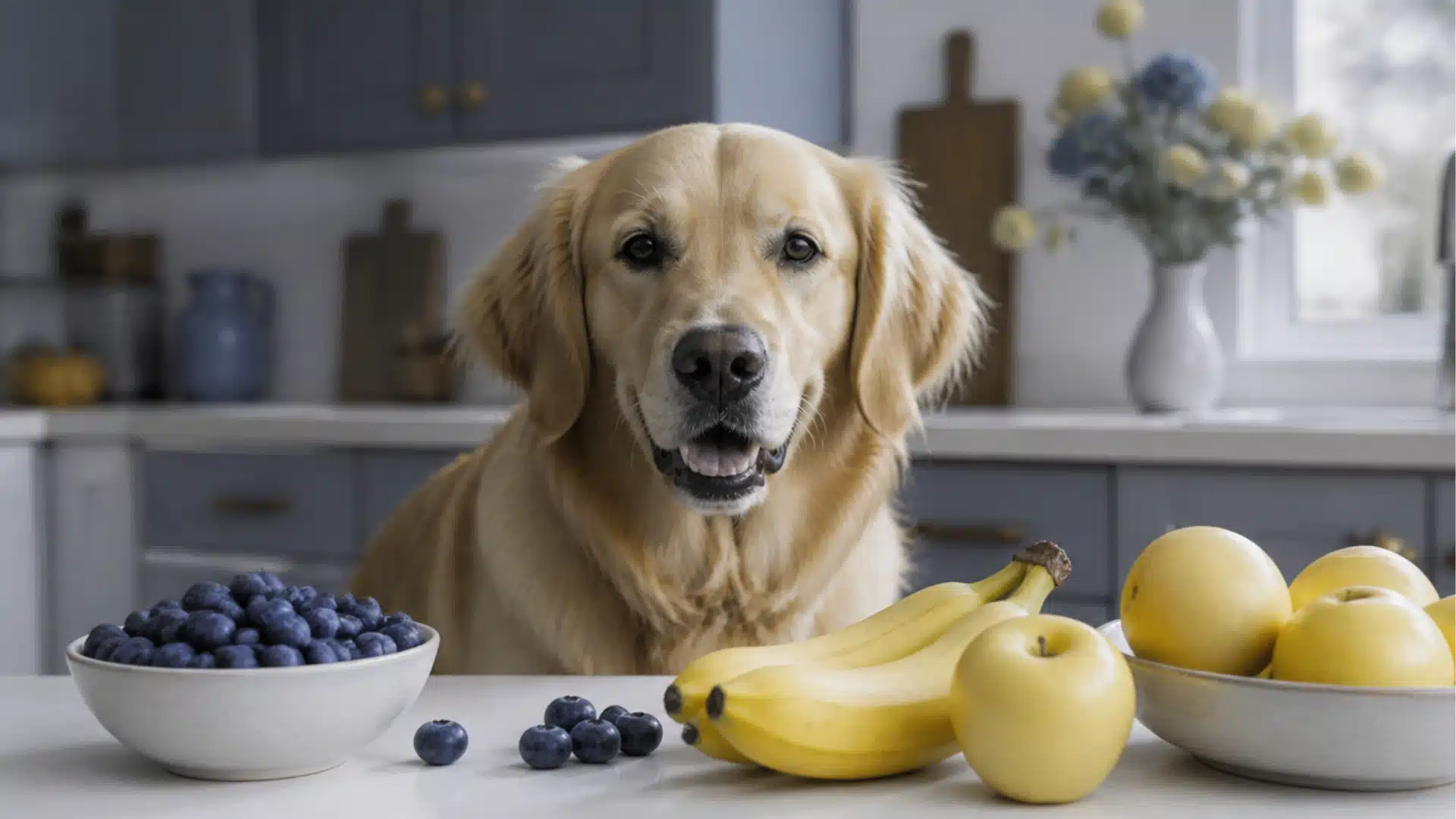 golden retriever viewing blue and yellow fruits on a kitchen table