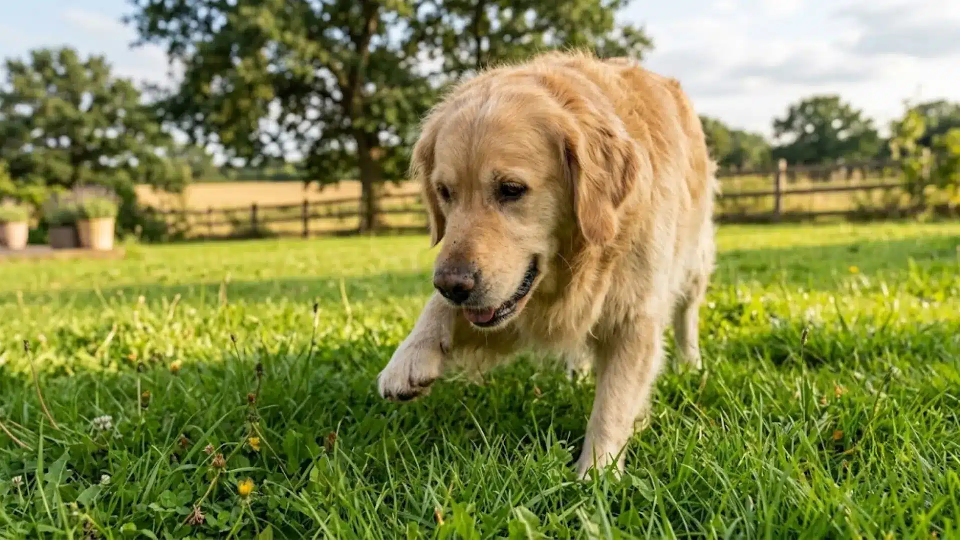 Golden retriever walking through green grass in a sunny backyard
