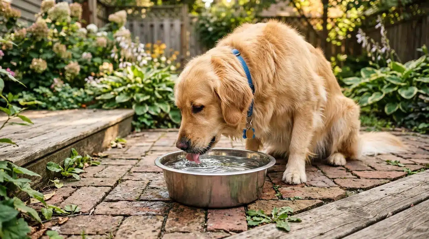 Golden Retriever drinking water from a metal bowl on a brick garden patio surrounded by lush greenery
