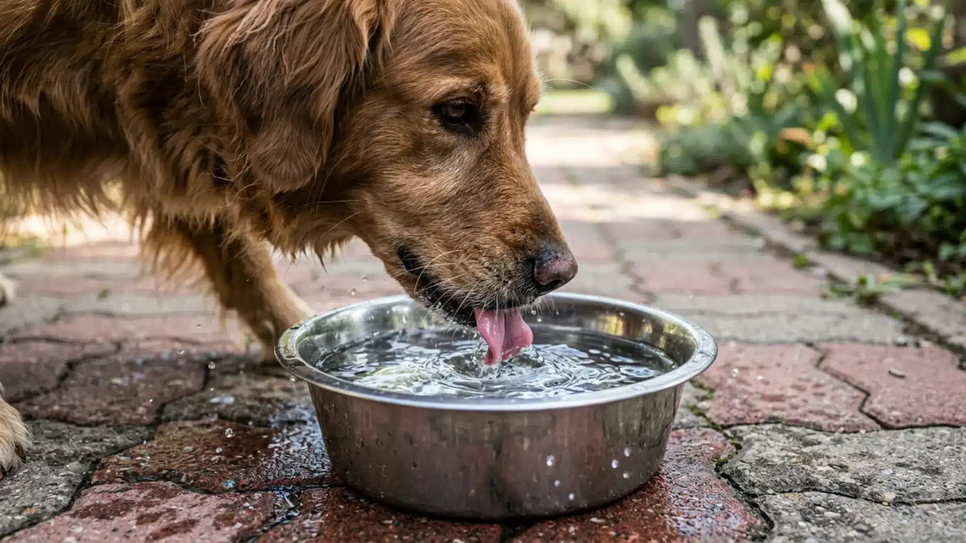 Golden Retriever drinking water from a stainless steel bowl on a brick patio outdoors in natural daylight