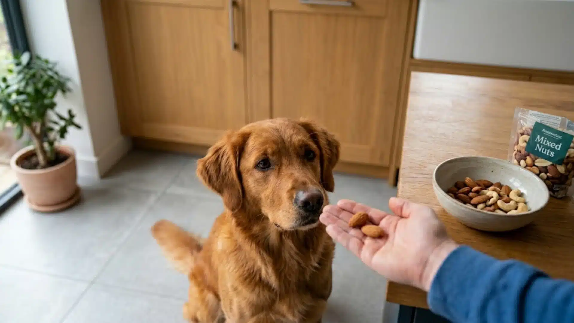 Golden Retriever looking intently at nuts in a person's hand