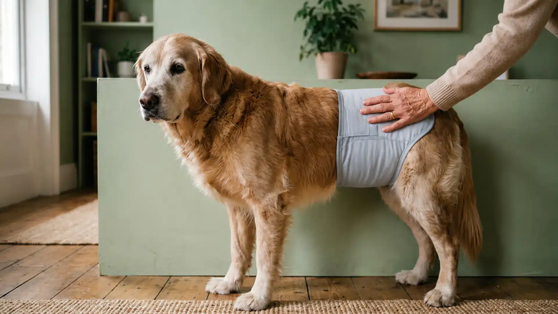 Golden Retriever wearing a dog diaper with owner adjusting the fit