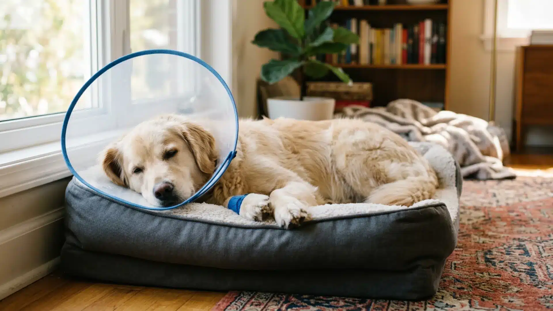 Golden Retriever wearing an Elizabethan collar during recovery