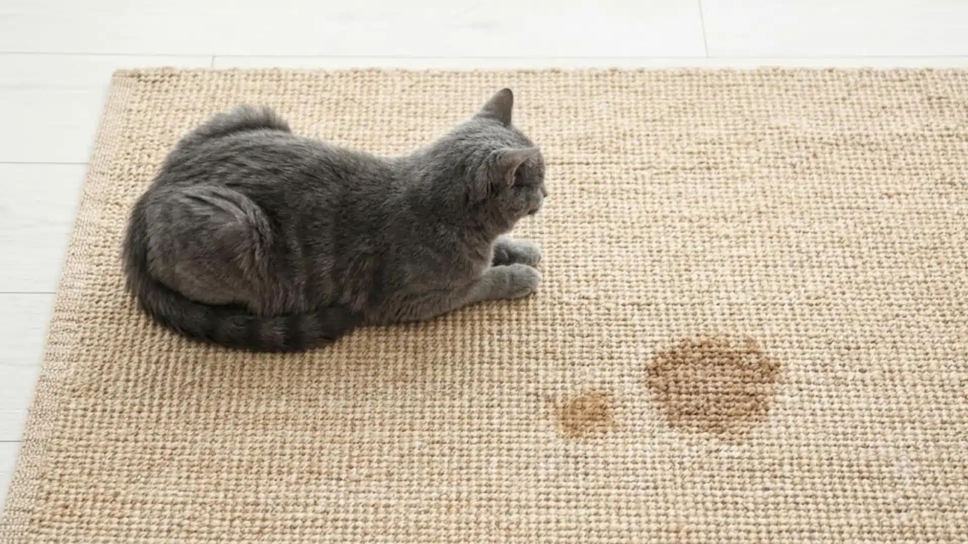 Gray cat lying on a woven rug beside urine stains, showing a litter box accident on the floor at home