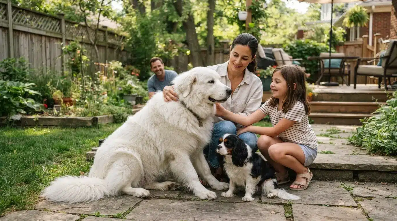 great pyrenees dog interacting peacefully with family members and other pets outdoors