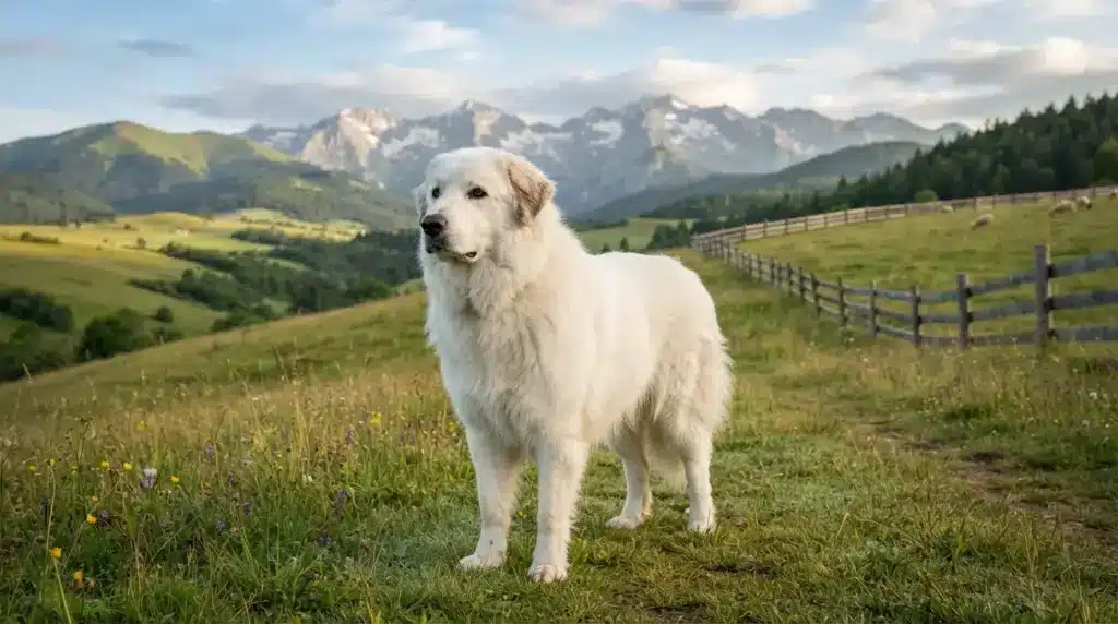 great pyrenees dog standing in a mountain meadow with thick white fur and calm protective expression