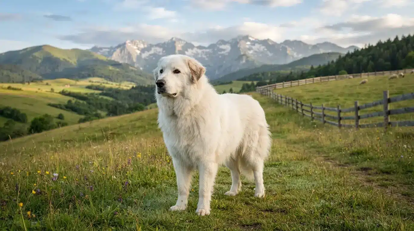 great pyrenees dog standing in a mountain meadow with thick white fur and calm protective expression
