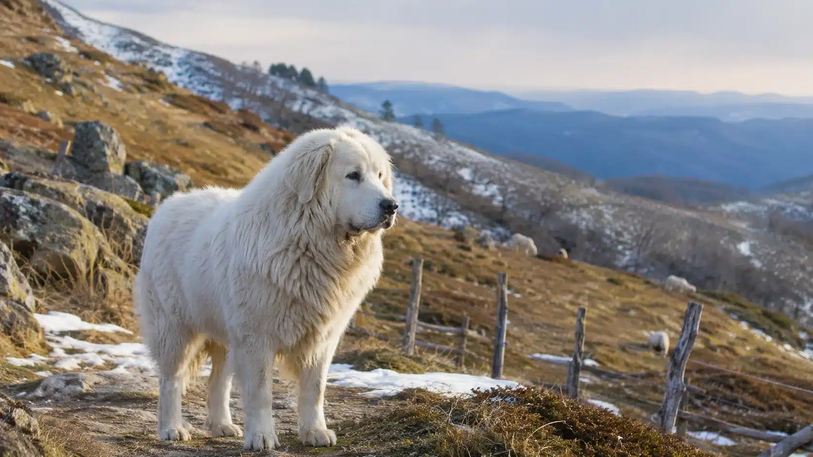 great pyrenees standing alert in a cool mountain pasture with distant hills