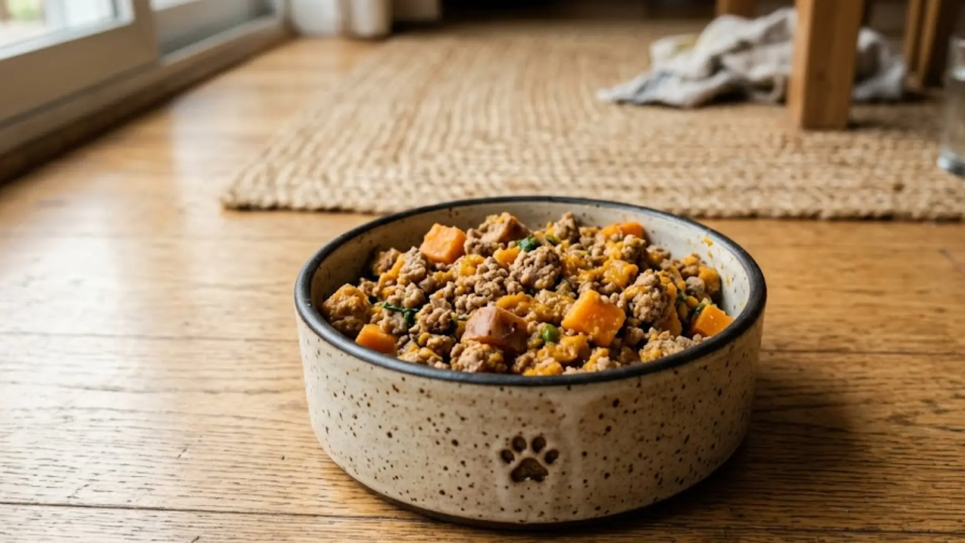 Ground Turkey, Sweet Potato, and Pumpkin Meal in a ceramic bowl on a wooden floor