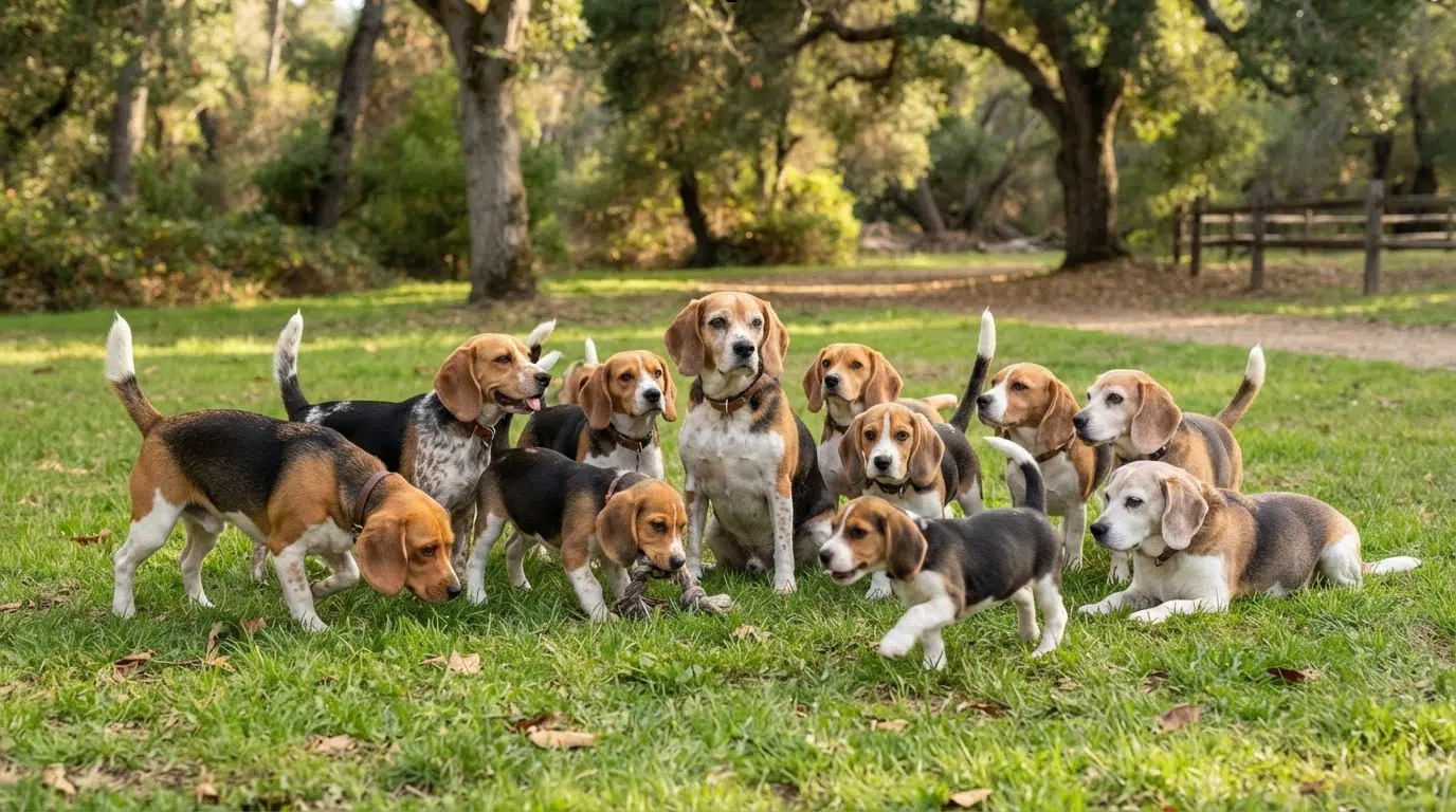 group of beagles playing together in a grassy park with trees in the background