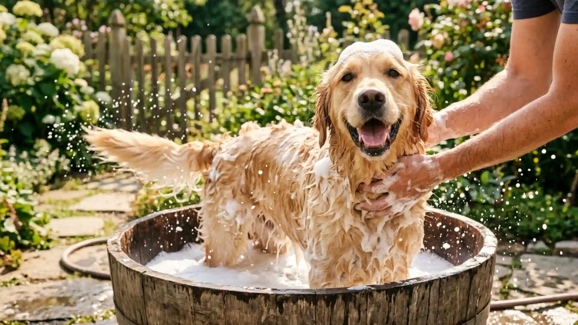 Happy dog getting a bath outside after rolling in poop