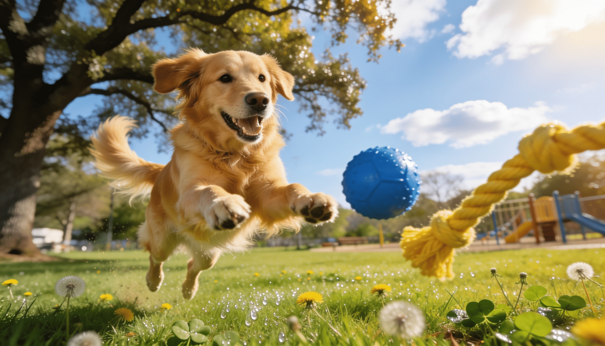 happy dog playing with blue ball and yellow rope toy in a sunny park