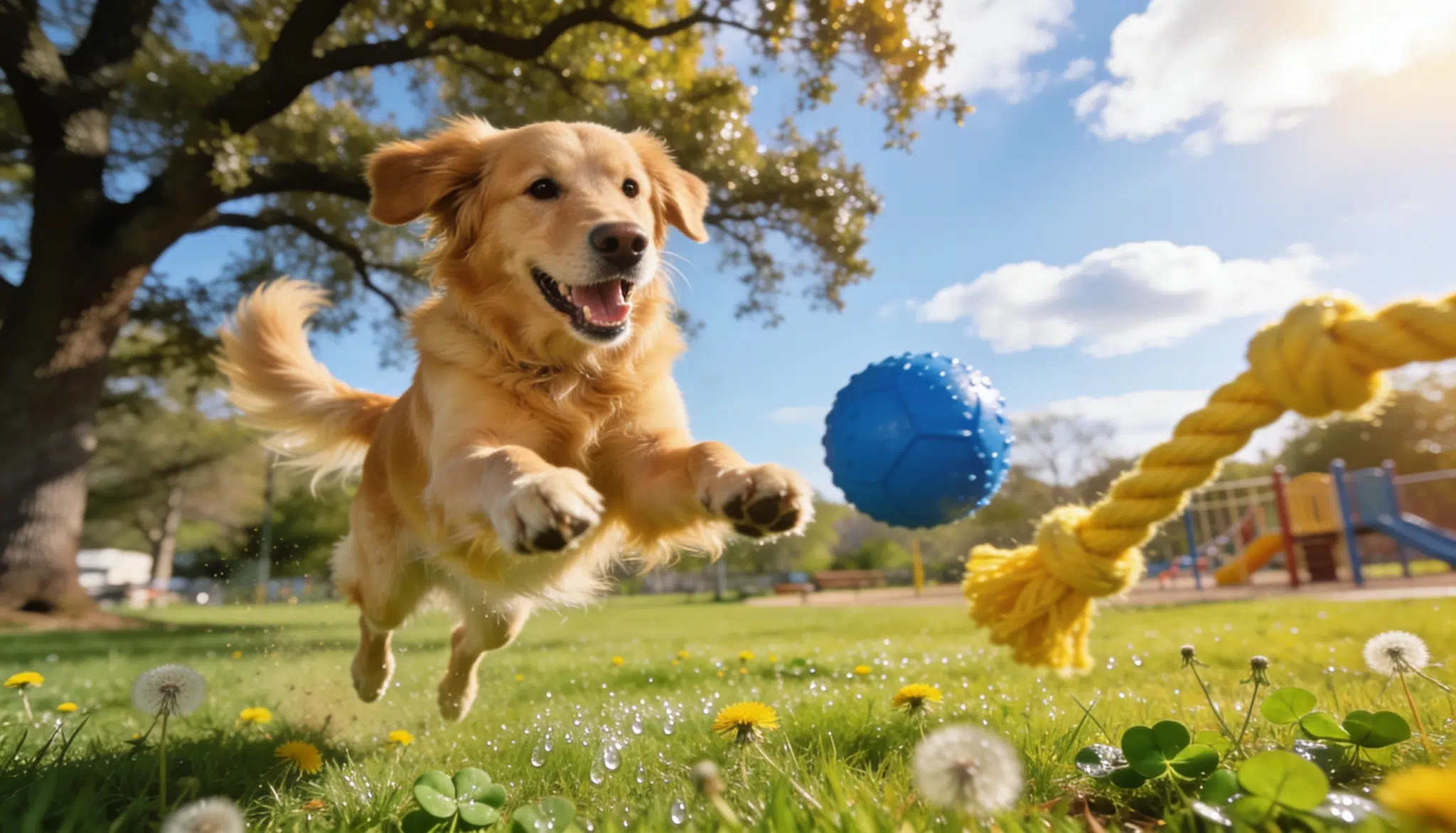 happy dog playing with blue ball and yellow rope toy in a sunny park